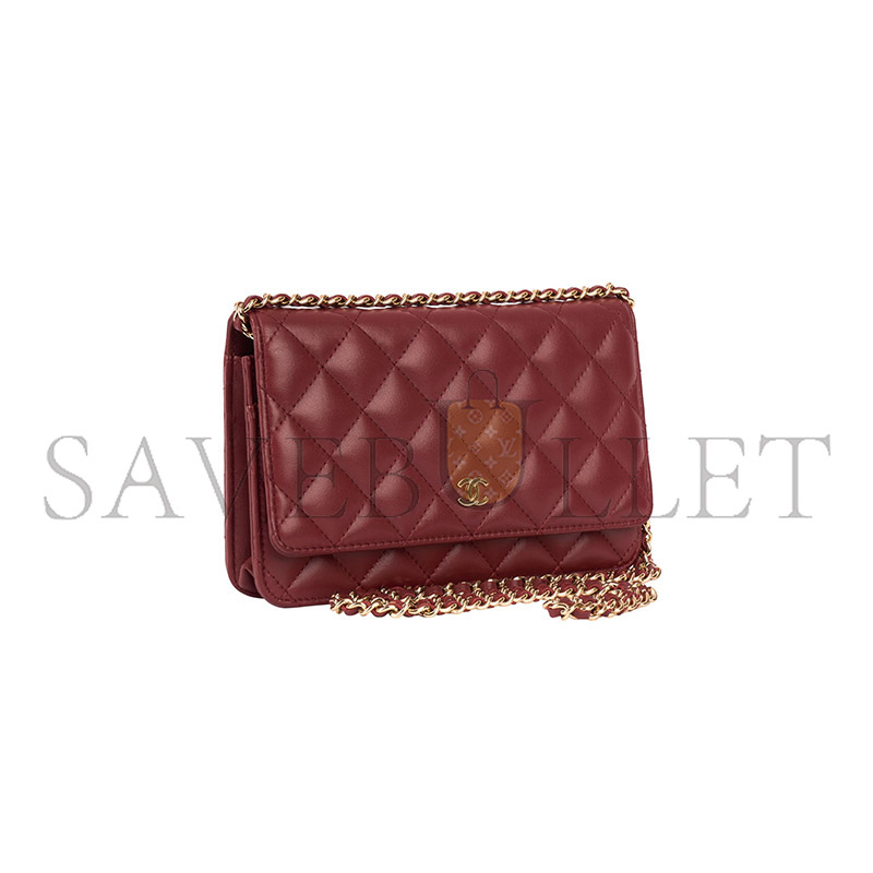CHANEL DARK RED LAMBSKIN MATELASSE WALLET ON CHAIN  (19*13*4cm) 